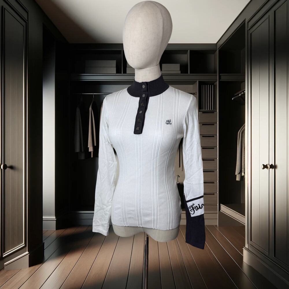 ⛳ Elegant Women’s Knitted Golf Top – Contrast Collar Long Sleeve in White & Gray